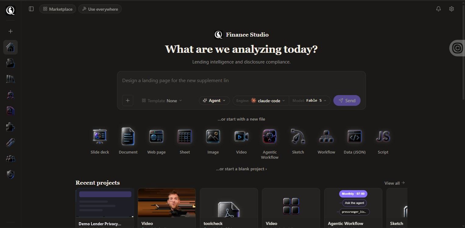 The studio home screen with the prompt bar and file-type rail