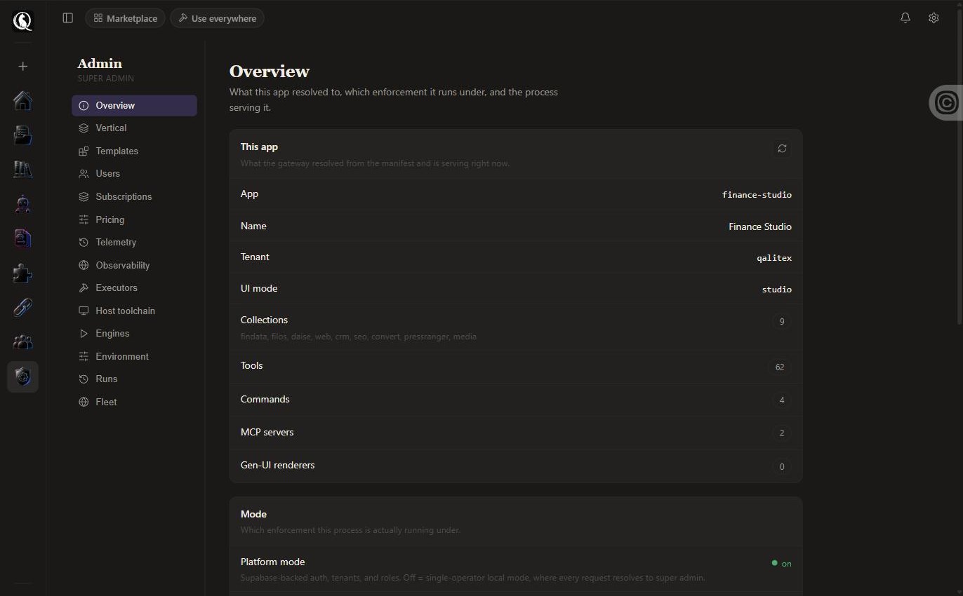 The admin overview showing app, tenant, UI mode, collections, tools, commands and MCP servers