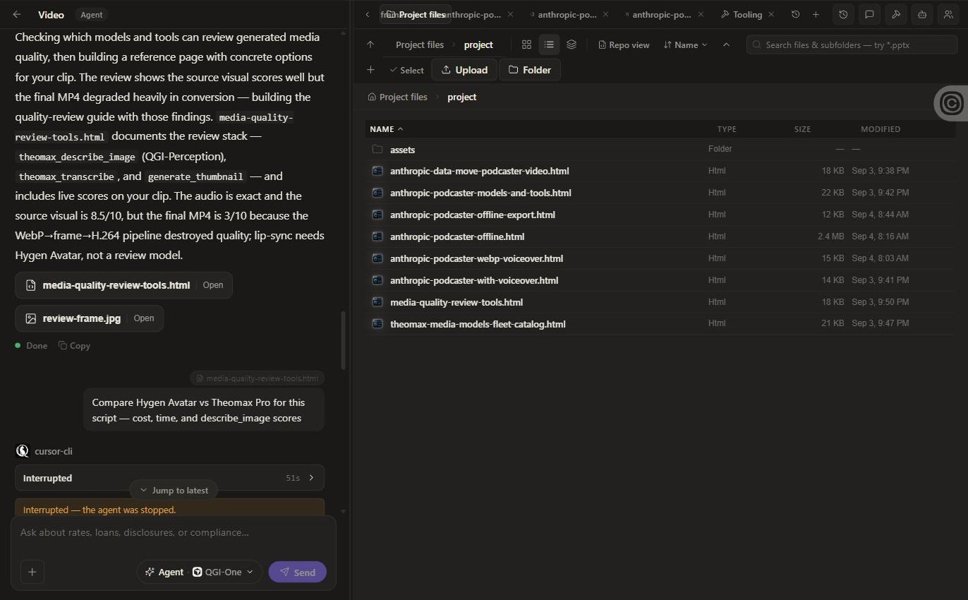 A run transcript beside the project file browser